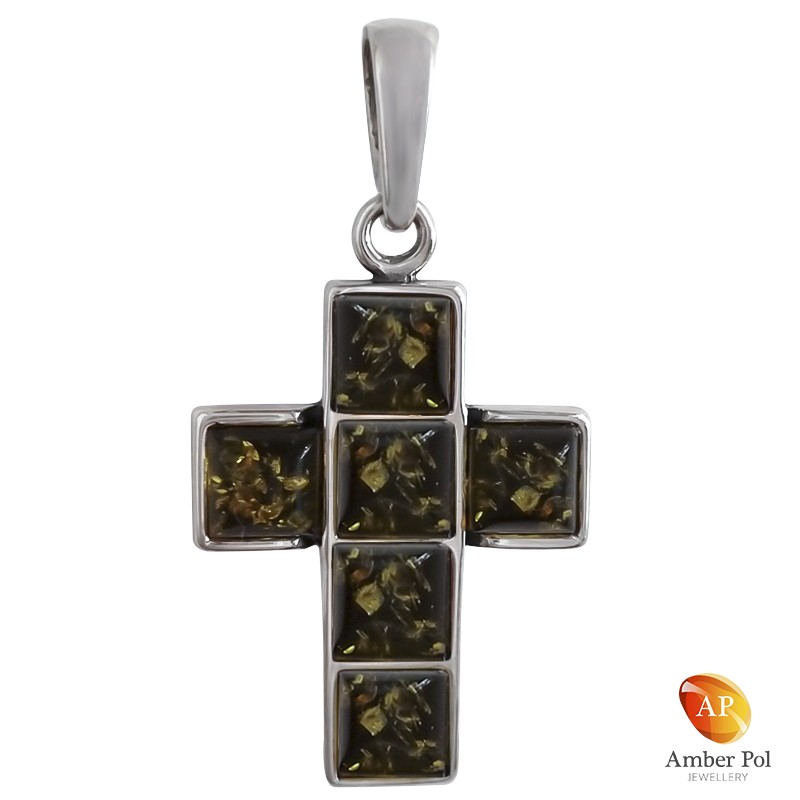Zawieszka srebrna w kształcie krzyżyka z bursztynem w kolorze zielonym