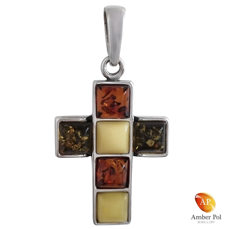 Zawieszka srebrna w kształcie krzyżyka z bursztynem w kolorze zielonym, mlecznym i koniakowym