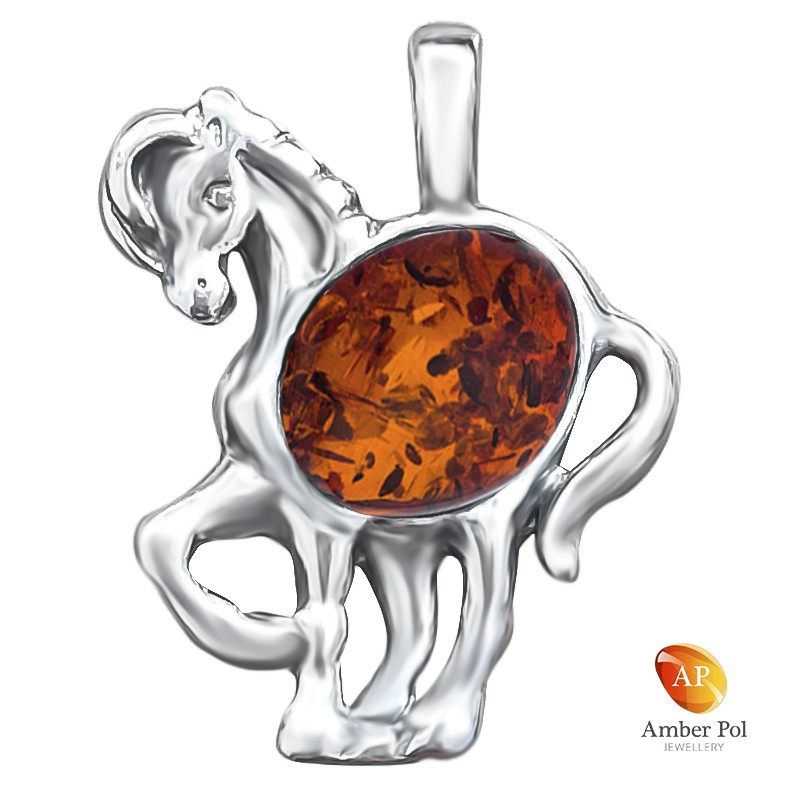 Wisiorek wykonany ze srebra 925 oraz bursztynu w kolorze koniakowym w kształcie konika