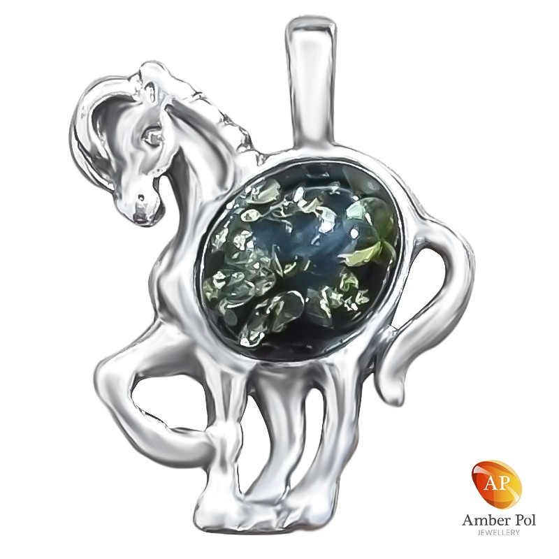 Wisiorek wykonany ze srebra 925 oraz bursztynu w kolorze koniakowym w kształcie konika