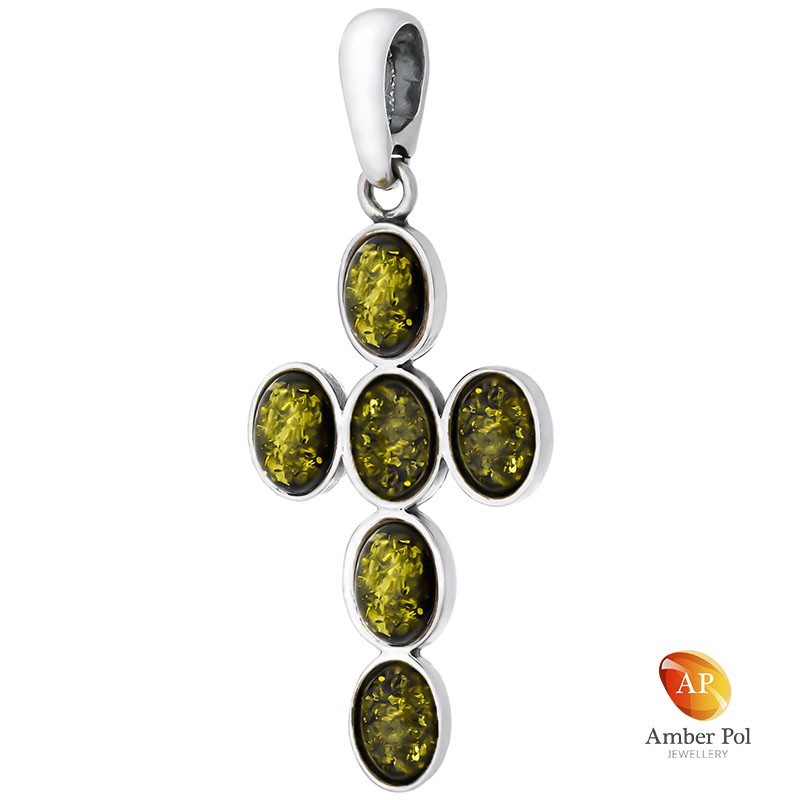 Wisior ze srebra 925 z sześcioma owalnymi bursztynkami w kolorze zielonym ułożonymi w kształt krzyża.