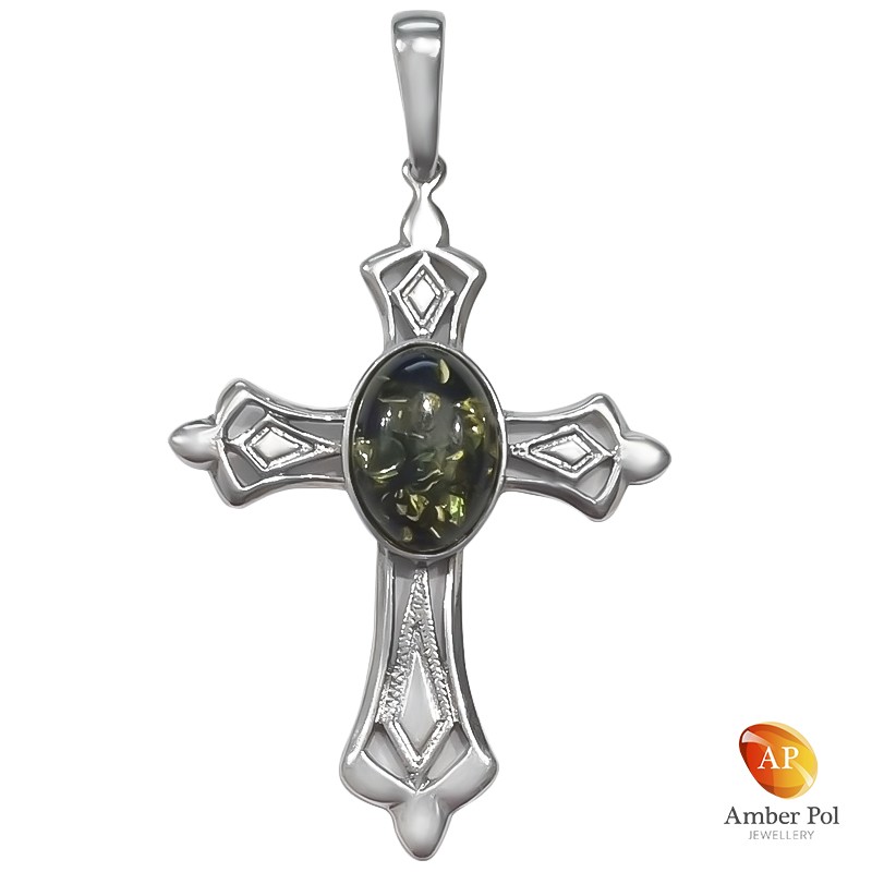 Zawieszka srebrna krzyż z dużym zielonym bursztynem wykonana ze srebra próby 925