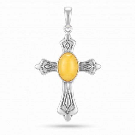 Krzyżyk srebrny duży z bursztynem w żółtym kolorze Amber Pol W146MAPO