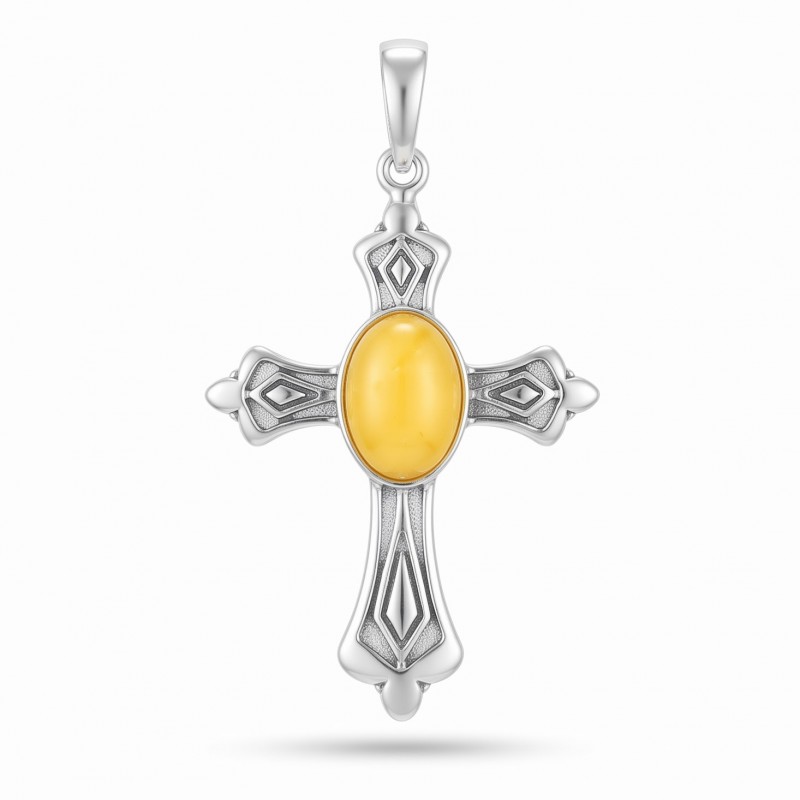 Krzyżyk srebrny duży z bursztynem w żółtym kolorze Amber Pol W146MAPO