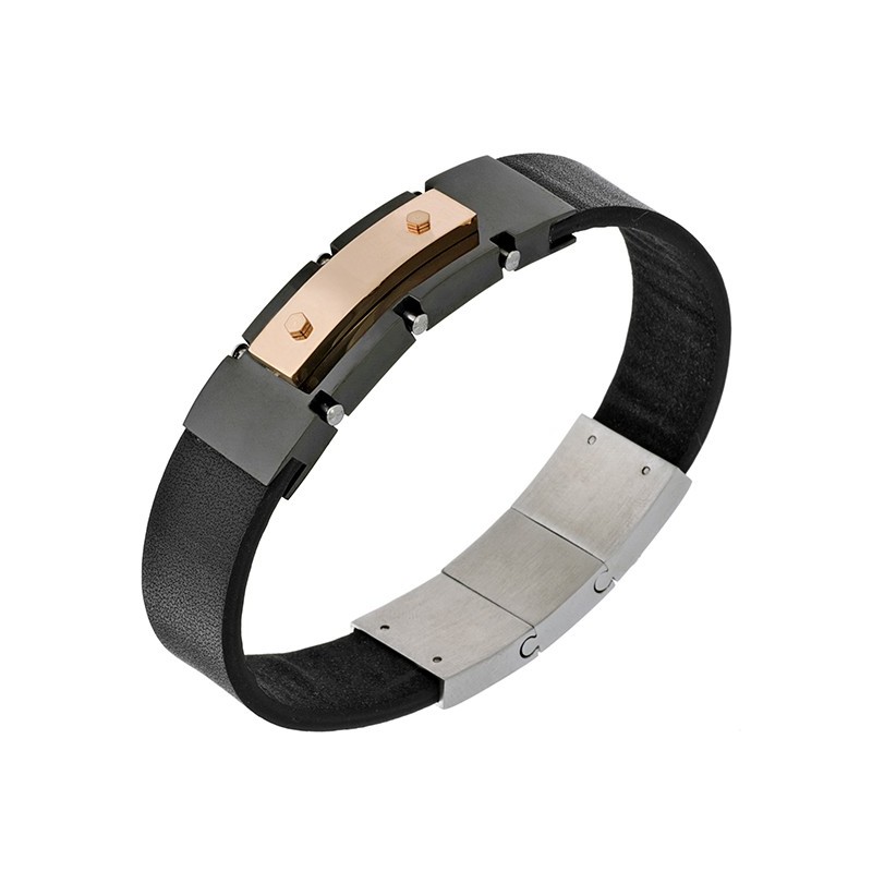 Bransoletka męska ze stali szlachetnej z prostokątnym zdobieniem srebrno miedzianym na pasku ze skóry ekologicznej.