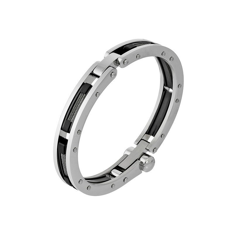 Męska bransoletka ze stali szlachetnej złożona z prostokątnych nitowanych elementów zdobionych w środku stalową linką.