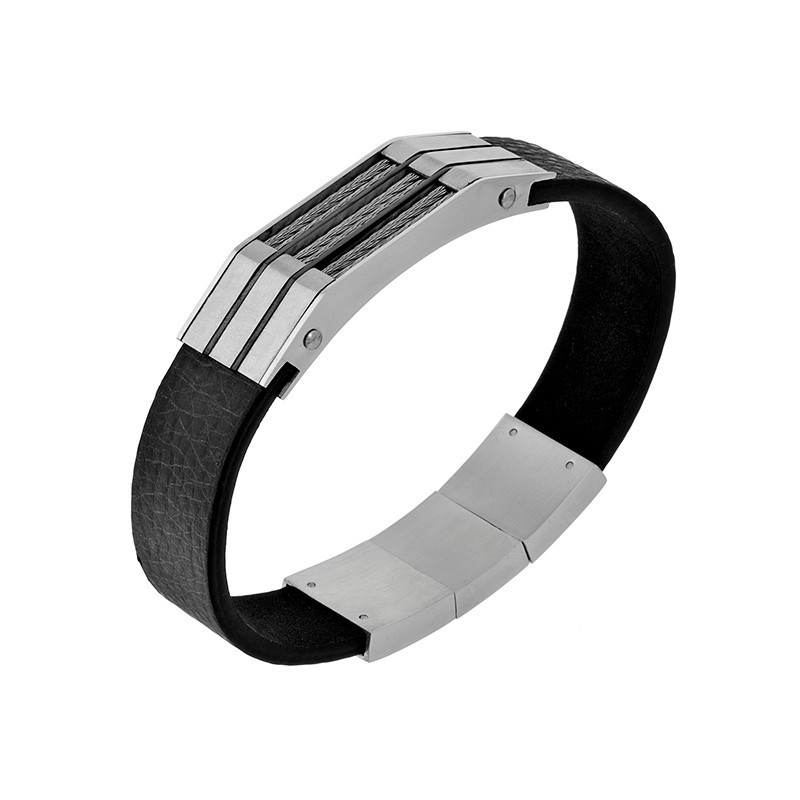 Bransoletka męska ze stali szlachetnej z prostokątnym zdobieniem i elementami stalowej linki, na pasku ze skóry ekologicznej.