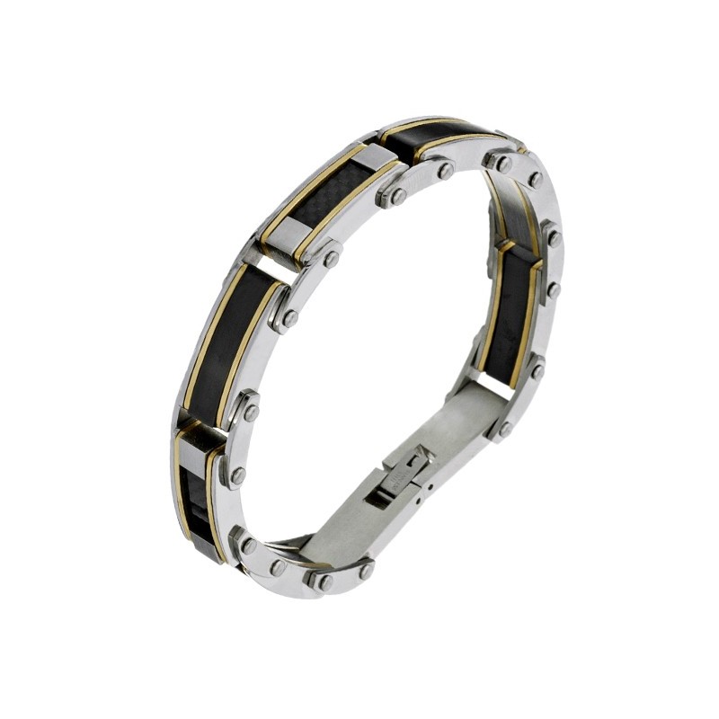 Bransoletka męska ze stali szlachetnej złożona z nitowanych elementów w kolorze srebrnym i czarnym.