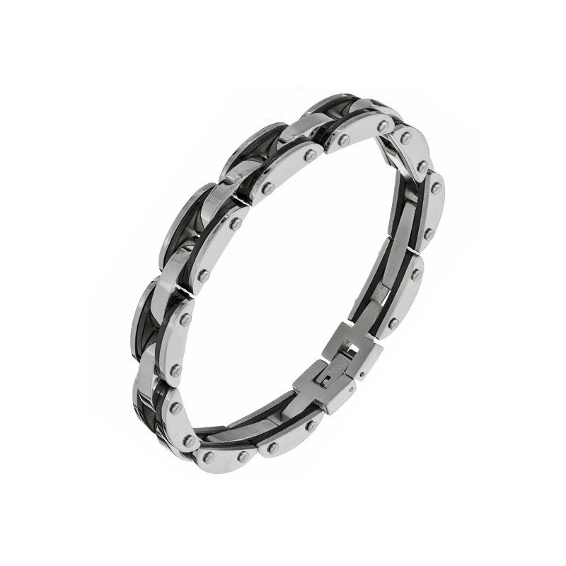 Bransoletka męska ze stali szlachetnej złozona z satynowych elementów z wzorem nitowania w kolorze czarnym i srebrnym.