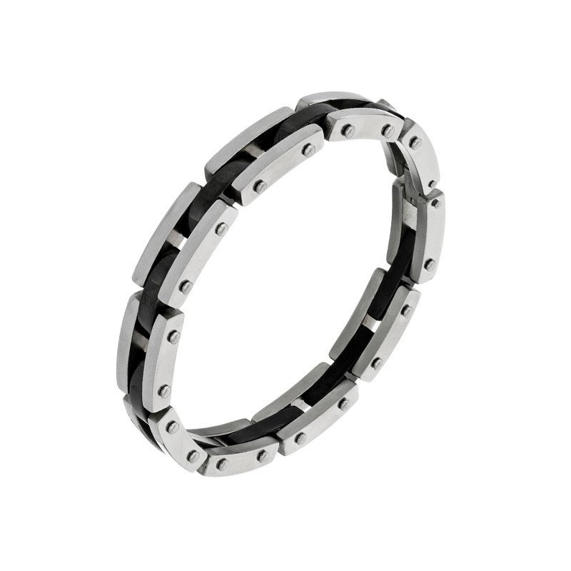 Bransoletka męska ze stali szlachetnej, nitowana zdobiona czarnym kolorem łączącym przekładki.