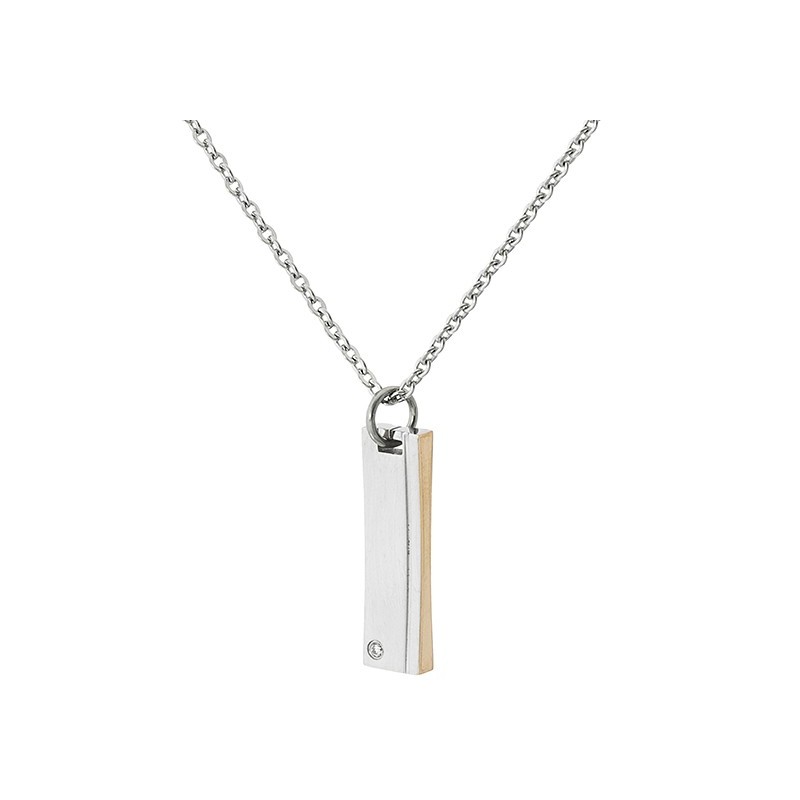 Naszyjnik ze stali szlachetnej z zawieszką w kształcie słupka w srebrnym i miedzianym kolorze oraz cyrkonią.