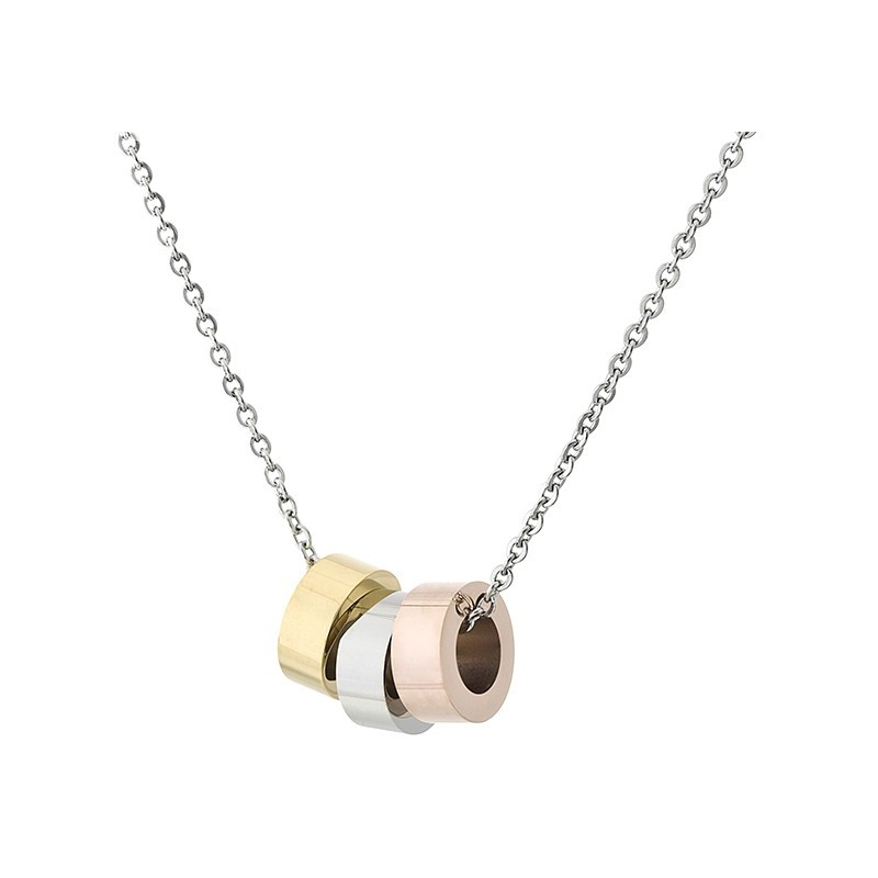 Naszyjnik ze stali szlachetnej z z trzema zawieszkami w formie przekładek w kolorze złotym, srebrnym i miedzianym.